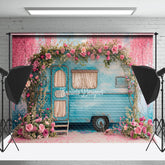 Lofaris Retro Blue Car Pink Peach Blossom Spring Backdrop